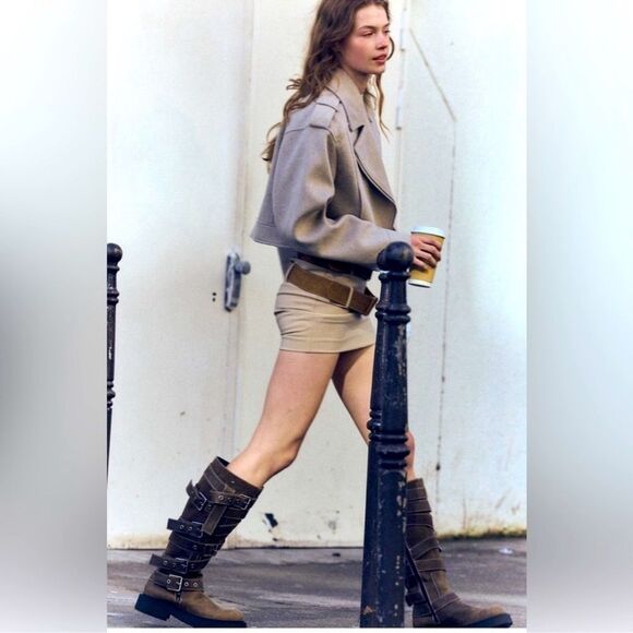 Zara Small S Felt Textured Crop Biker Jacket tan beige Women’s NWT - Picture 5 of 9